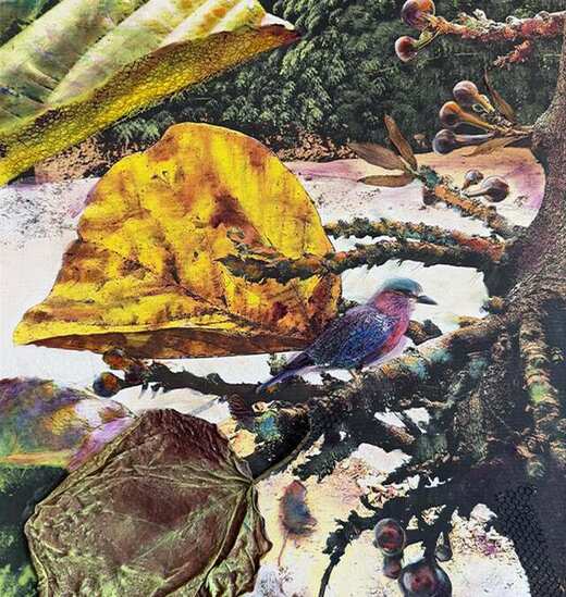 Mixed-media work of a bird among chinar leaves from the festival art gallery