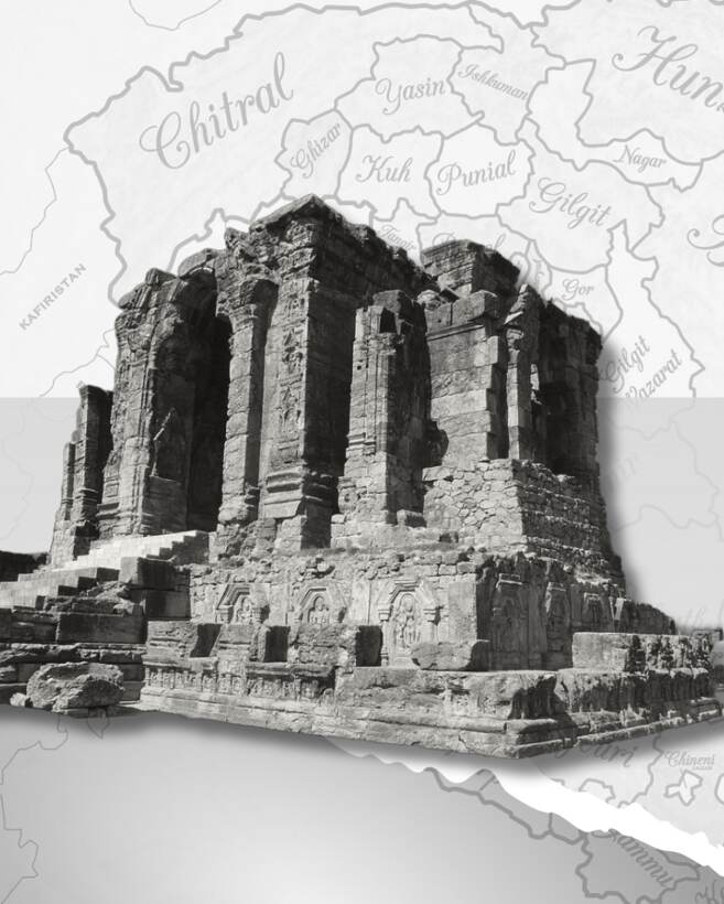 Ancient temple ruins cut out against a vintage map of Kashmir